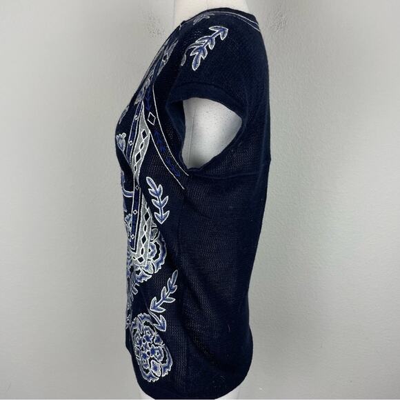 Tory Burch Navy Embroidered Short Sleeve V Neck Jory Knit Sweater Small - Picture 5 of 8